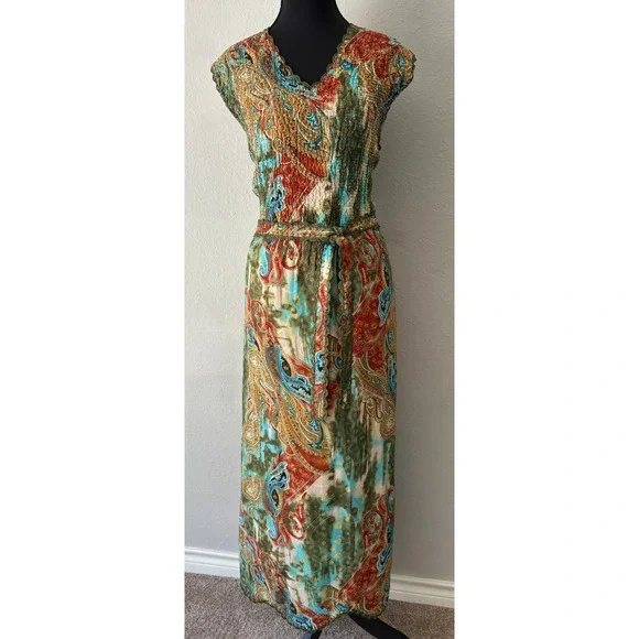 Vintage Ubu Paisley Floral Popcorn Maxi Dress Boho Scalloped Lace Trim Belted - Picture 2 of 14